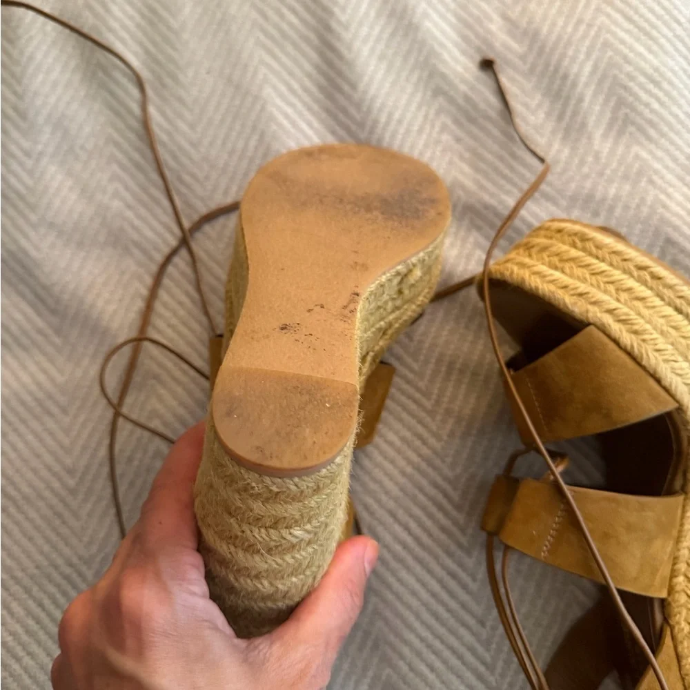 Saint Laurent Tan Suede Espadrille Wedge Sandals with Ankle Wraps